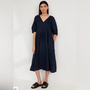Everlane Linen Puff-Sleeve Dress Navy Size Small